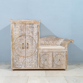 Handcrafted Carved Solid Wood Indian Furniture Carved Seaty Whitewash140x120Cm
